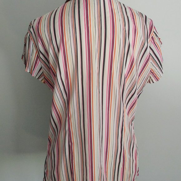 FRED DAVID Colourful Pinstriped Collared Shirt Blouse Micro Pleats Tulip Sleeves - Picture 7 of 9